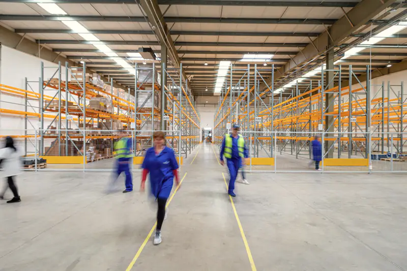 Staff walking along the main aisle of a large warehouse lined with racking