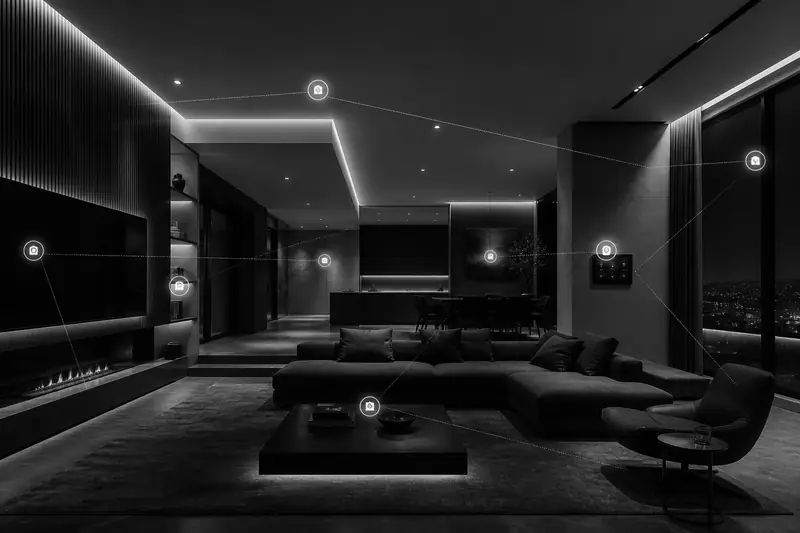 Modern smart home interior with intelligent lighting and control